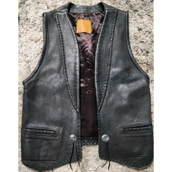 Boucher Santa Fe Black‎ Leather Western Whipstitch Vest Silver Conchos Sz 40